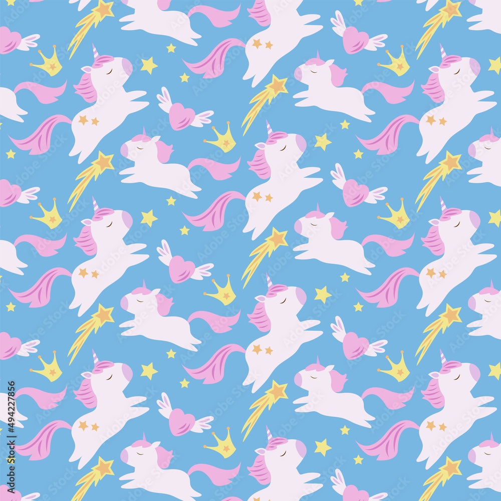 Cute unicorn heart star  crown seamless, tileable pattern on blue background. Drawing for kids clothes, t-shirts, fabrics or packaging.