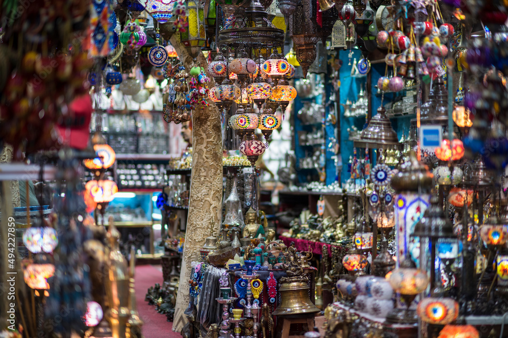 Muscat,Oman - March 05,2019 : All kinds of souvenirs
exhibited in market shops of the old town Mutrah.