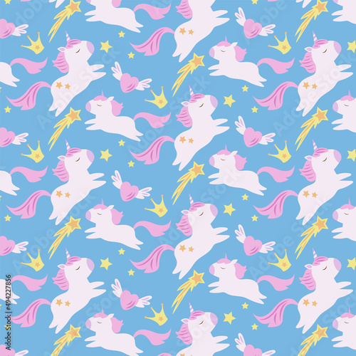 Cute unicorn heart star  crown seamless, tileable pattern on blue background. Drawing for kids clothes, t-shirts, fabrics or packaging. © Nastya