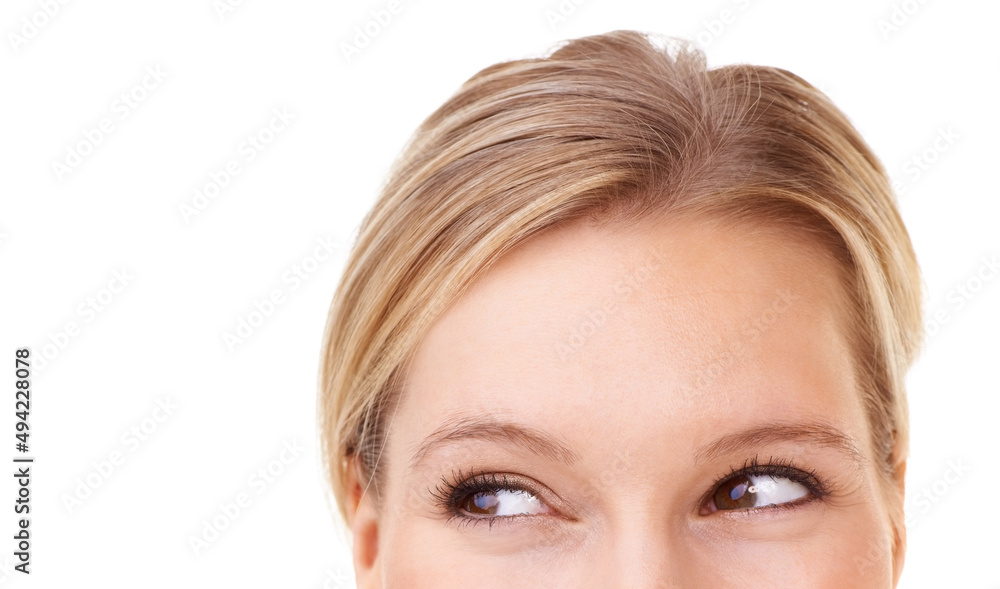 Flirtatious peek. Cropped shot of a woman looking away isolated on white. Flirtatious peek. Cropped shot of a woman looking away isolated on white.