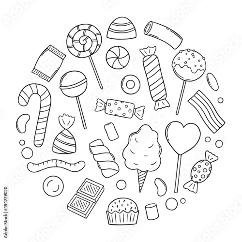 Hand drawn set of sweets and candies doodle. Lollipop, caramel, chocolate, marshmallow in sketch style.  Vector illustration isolated on white background.
