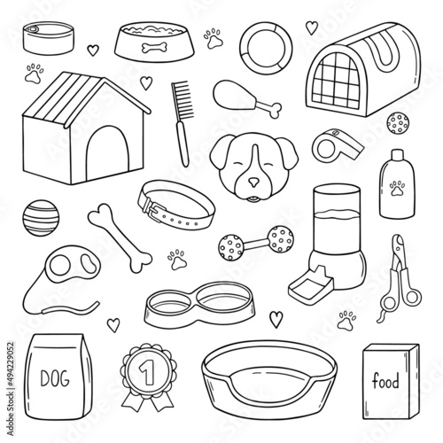 Hand drawn set of dog and pet accessories doodle. Supplies and equipment dogs in sketch style: bowl, toys, collar, food. Vector illustration isolated on white background.