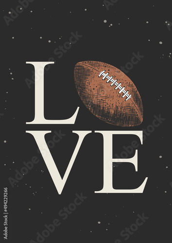 Vector engraved style illustration for posters, decoration and print. Hand drawn sketch of american football ball with modern typography on black background. Detailed vintage etching style drawing.