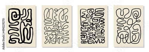 Set of 4 wall art posters, brochure, flyer templates. Single organic line abstract shape drawn, hand drawn design, simple wallpaper. Dynamic continuous one line graphic vector vintage design.