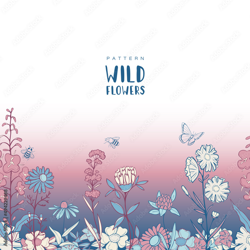 Vector wild flowers seamless pattern or illustration with insects. Blue and pink pastel colors. Doodles and handrawing. Horizontal banner.