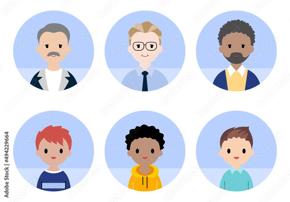 Old men and children avatars flat icon set