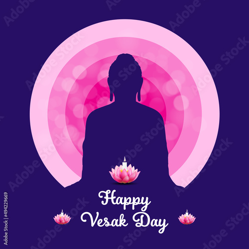 Happy Vesak Day Budha Purnima Background With Budha Statue Silhouet Realistic Pink Lotus