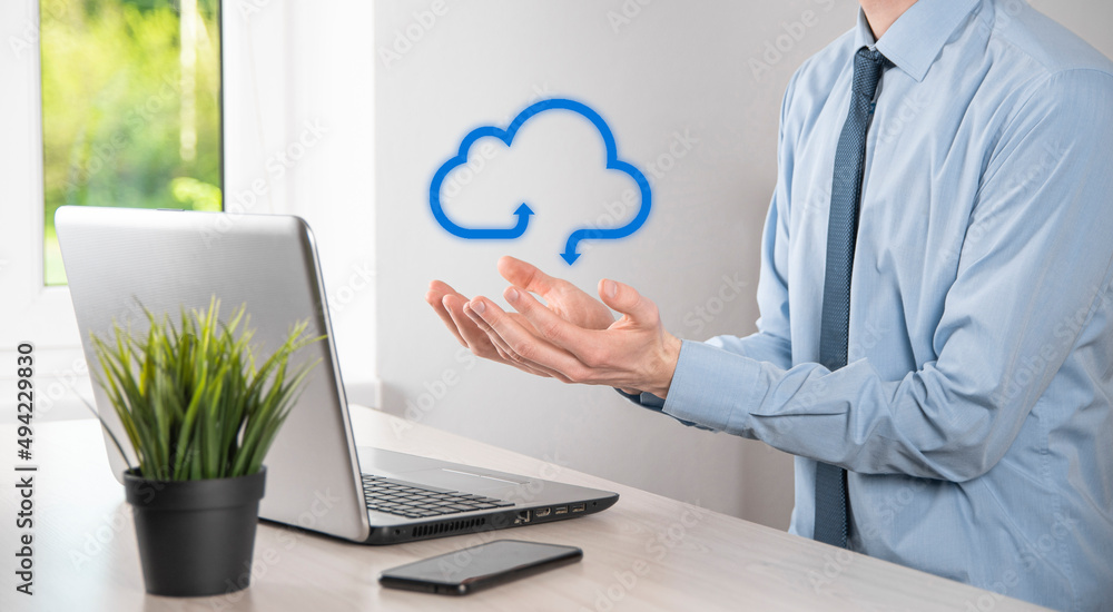 Business man holding icon cloud computing network and icon connection data information in hand. Cloud computing and technology concept. Business man holding icon cloud computing network and icon connection data information in hand. Cloud computing and technology concept.