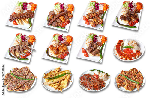 Collection of plates with Turkish food isolated
