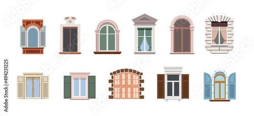 Big set windows. Different City windows in retro style. Isolated on a white background.