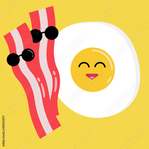 Happy cartoon fried egg and ham for breakfast illustration