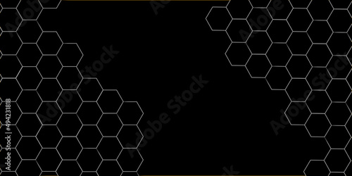 Abstract background with honeycomb and geometric design in illustration . Creative design with  hexagon in dark modern futuristic background illustration. Gray honeycomb texture grid.