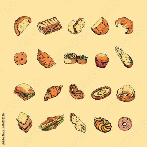 Coloured hand drawn pen sketch of bread and bakery goods. Set of clipart elements
