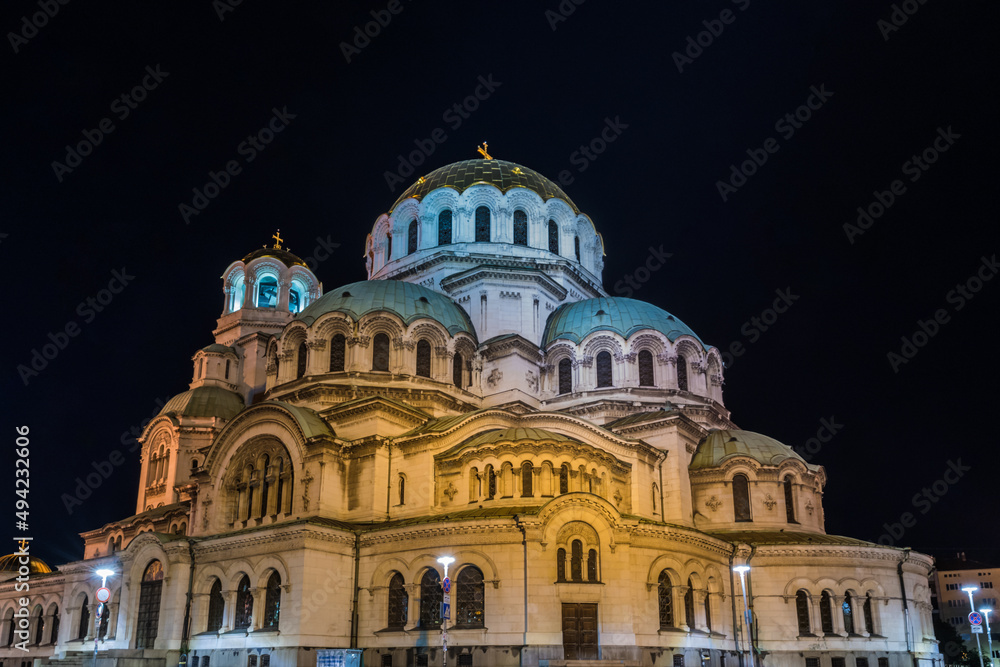 Night view of the St. Alexander Nevsky Cathedral in the capital of Bulgaria Sofia