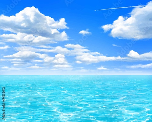 飛行機雲の飛ぶ入道雲の青い空と海のゆらめく波の夏イメージの美しいフレームイラスト素材