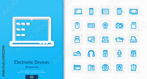 Vector 3d realistic style icons set. Illustration with digital technology, electronics outline symbols. Smart phone, watch, laptop, tablet, pc, camera, line pictogram. Top view, shadow
