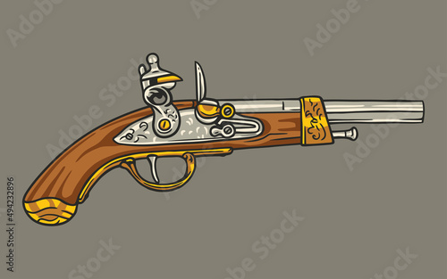 Antique percussion pirate pistol with carved wood forend vector clip art 