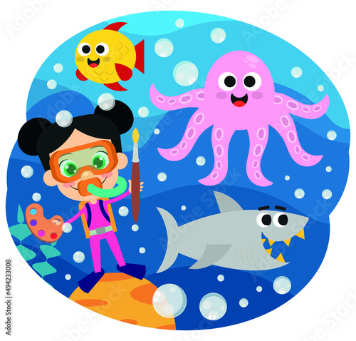 Cute diver girl and marine animals