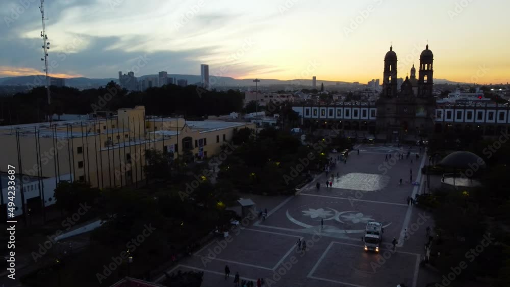 View of the Basilica of Zapopan at sunset, backwards view View of the Basilica of Zapopan at sunset, backwards view