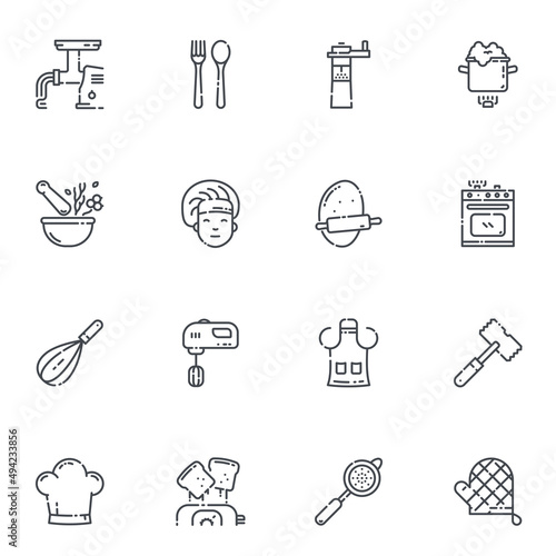 Set of vector line icons of kitchen utensils, cooking tools and equipment