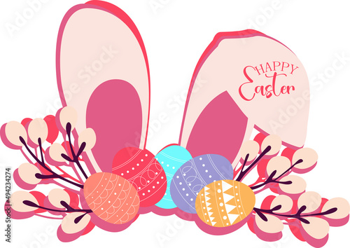 Illustration with rabbit ears, easter eggs, flower branches, willow flowers, happy easter inscription, sticker, postcard