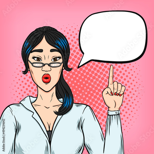 Shocked asian business woman pointing on thinking bubble, business idea concept vector illustration in pop art retro comics style