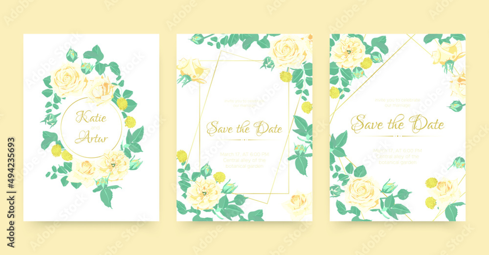 Wedding Card. Engagement Poster with Fashion Roses. Summer Leaf Border. Wedding Card Template. Botanical Rsvp Invitation. Marriage Frame with Flowers. Spring Leaves. Watercolor Wedding Card.