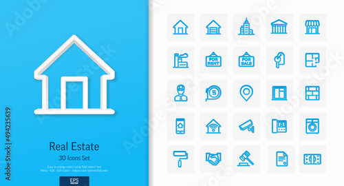 Vector 3d realistic style icons set. Illustration with real estate outline symbols. Residential properties, apartments, store, office agency, rent room, bathroom line pictogram. Top view, shadow