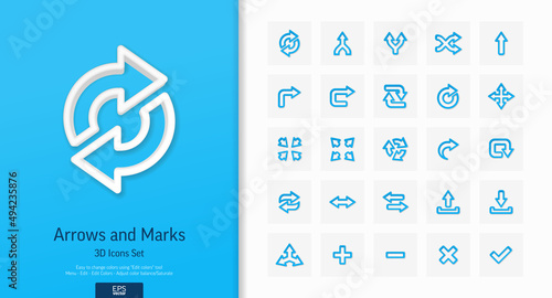Vector 3d realistic style icons set. Illustration with arrows, direction and move outline flat symbols. Turn left, merge, switch, undo, transfer, synchronizing line pictogram. Top view, shadow