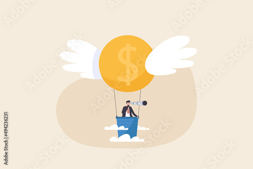 Find business, growth and investment ideas. a businessman in a hot air balloon looking through a telescope.