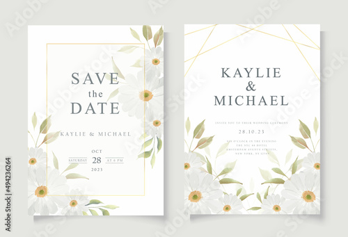 Wedding Invitation Card Template with Daisy Flowers Watercolor