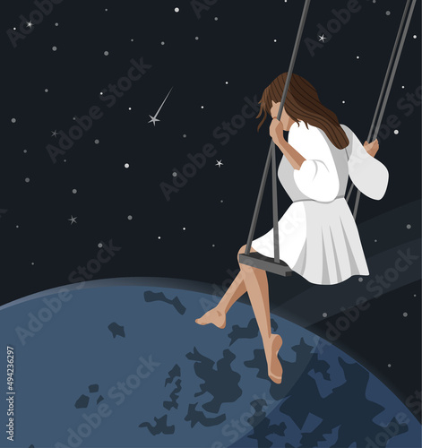Vector illustration of a girl swinging on a swing in space above the Earth