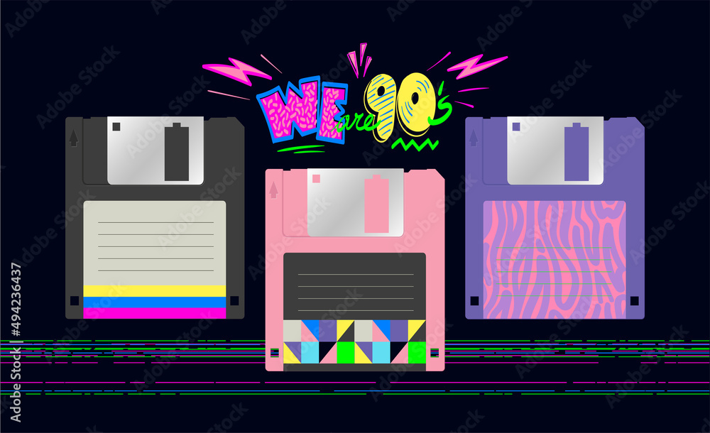 Vector Floppy Disk Illustration Flat Design. 90s and 80s poster. We are