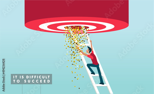 Financial process. A man hardly try make money. Big Target. Man on ladder. Business people upset about recession, economy problems. Vector illustration for hard company success. Banner poster design.