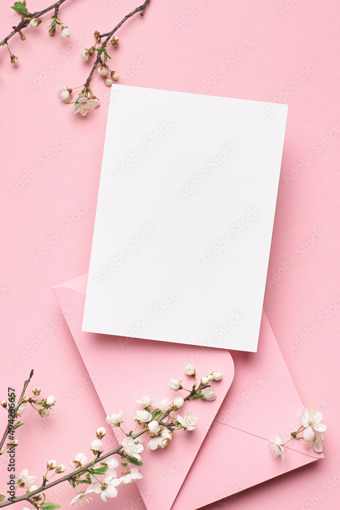 Blank invitation card mockup with envelope and flowers Blank invitation card mockup with envelope and flowers