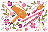 Decorative set of hairdresser tools and accessories. Tools for a beauty salon, hairdresser or stylist. Yand drawn vector illustration