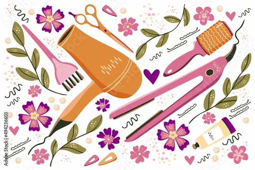Decorative set of hairdresser tools and accessories. Tools for a beauty salon, hairdresser or stylist. Yand drawn vector illustration