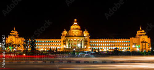 Vidhan Soudha - heritage building in Bangalore at night.  photo