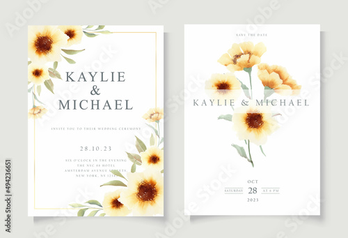 Wedding Invitation Card Template with Yellow Flowers Watercolor