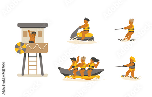 Activities of people when going to the beach Vol.02. beach lifeguard, jet ski, water skiing, banana boat, wakeboarding cartoon illustration vector on white background.