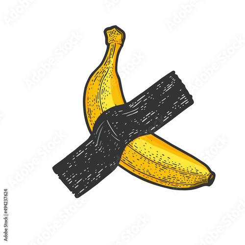banana taped to wall by adhesive tape modern art color sketch engraving vector illustration. T-shirt apparel print design. Scratch board imitation. Black and white hand drawn image.