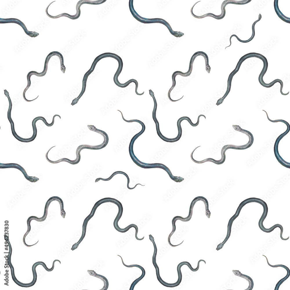 Snakes seamless pattern. Minimalistic black snakes wallpaper design. Repeating wildlife texture. Fashion ornate