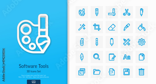 Vector 3d realistic style icons set. Illustration with text edit, graphic software tools outline symbols. Pencil, eraser, new file, brush, scissors, bold, italic font line pictogram. Top view, shadow