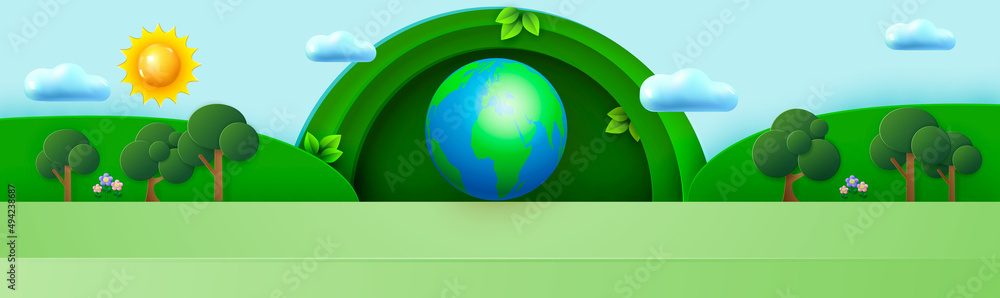 Minimal scene with a round frame in green tones against a cloudy sky. Planet, trees, flowers. Stage for product demonstration, showcase. Composition for Earth Day. Vector Minimal scene with a round frame in green tones against a cloudy sky. Planet, trees, flowers. Stage for product demonstration, showcase. Composition for Earth Day. Vector