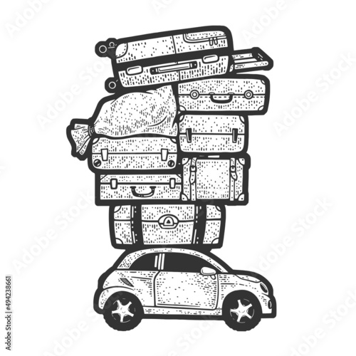 pile of suitcases on the roof of car sketch engraving vector illustration. T-shirt apparel print design. Scratch board imitation. Black and white hand drawn image.