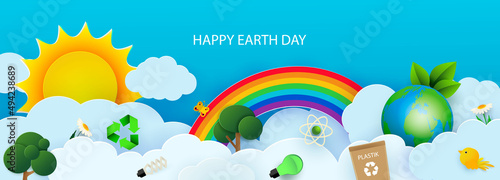 Earth Day banner  background with clouds and ecology icons in paper cut style. Light bulbs  trees  wind turbine and nature. Let s save the Earth. Vector