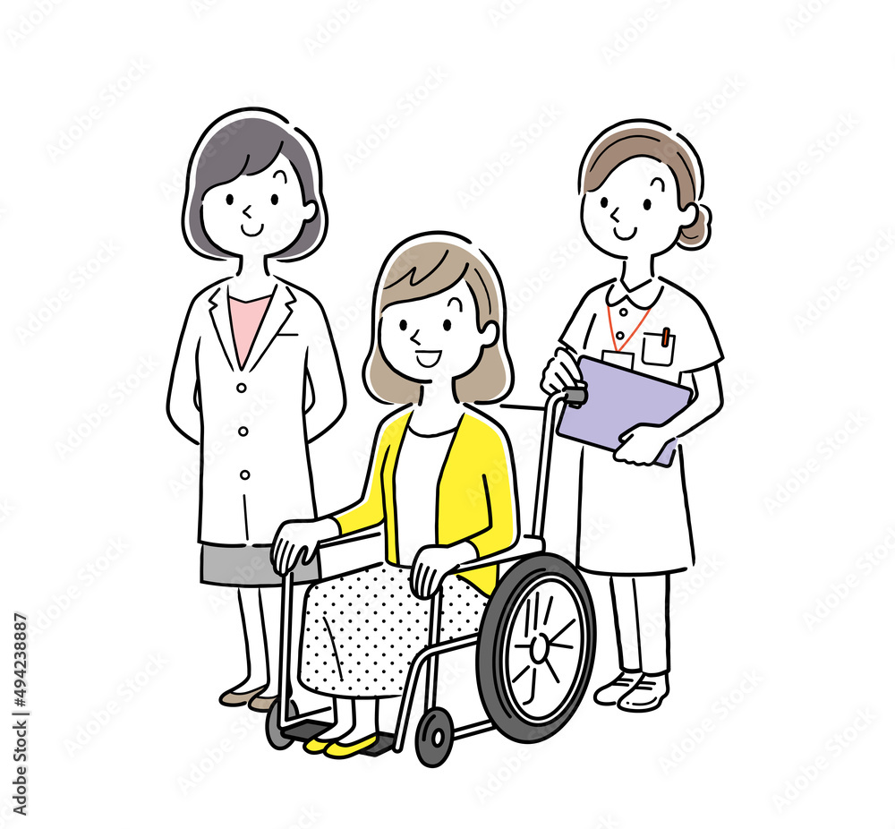 ベクターイラスト素材：女性医師と看護師と患者の女性、退院
