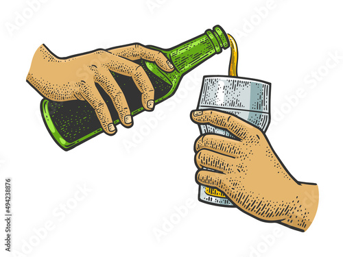 pouring beer from bottle into glass color sketch engraving vector illustration. T-shirt apparel print design. Scratch board imitation. Black and white hand drawn image.