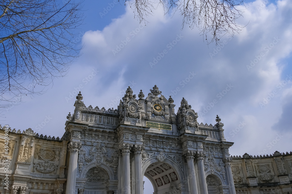 Dolmabahçe Palace main entrance. famous touristic place in Istanbul, Turkey. travel card concept