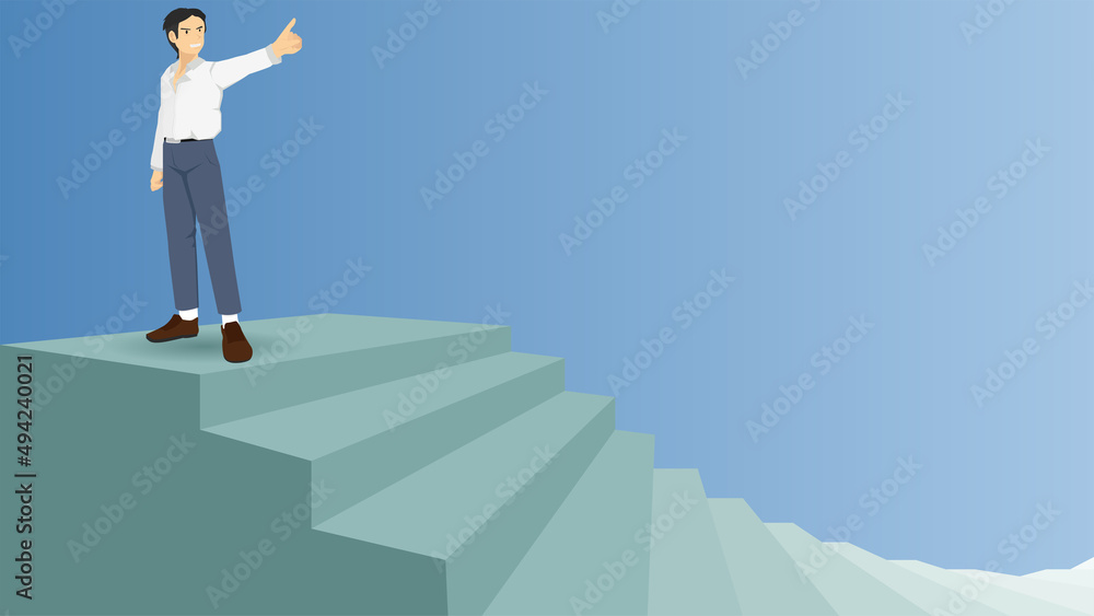 businessman in casual clothes pointing a finger forward with a pep. Standing at the top of a winding staircase. Green tones and blue background.